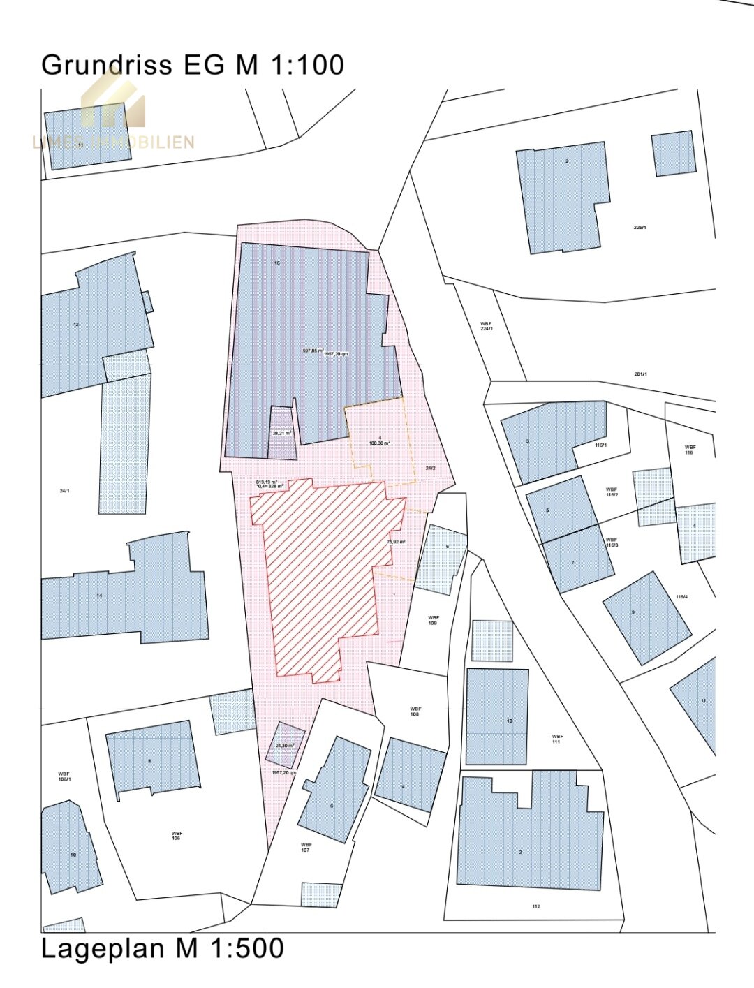 Grundriss-Lageplan mit möglicher Bebauung (rot eingezeichnet) Grundriss-Lageplan mit möglicher Bebauung (rot eingezeichnet)